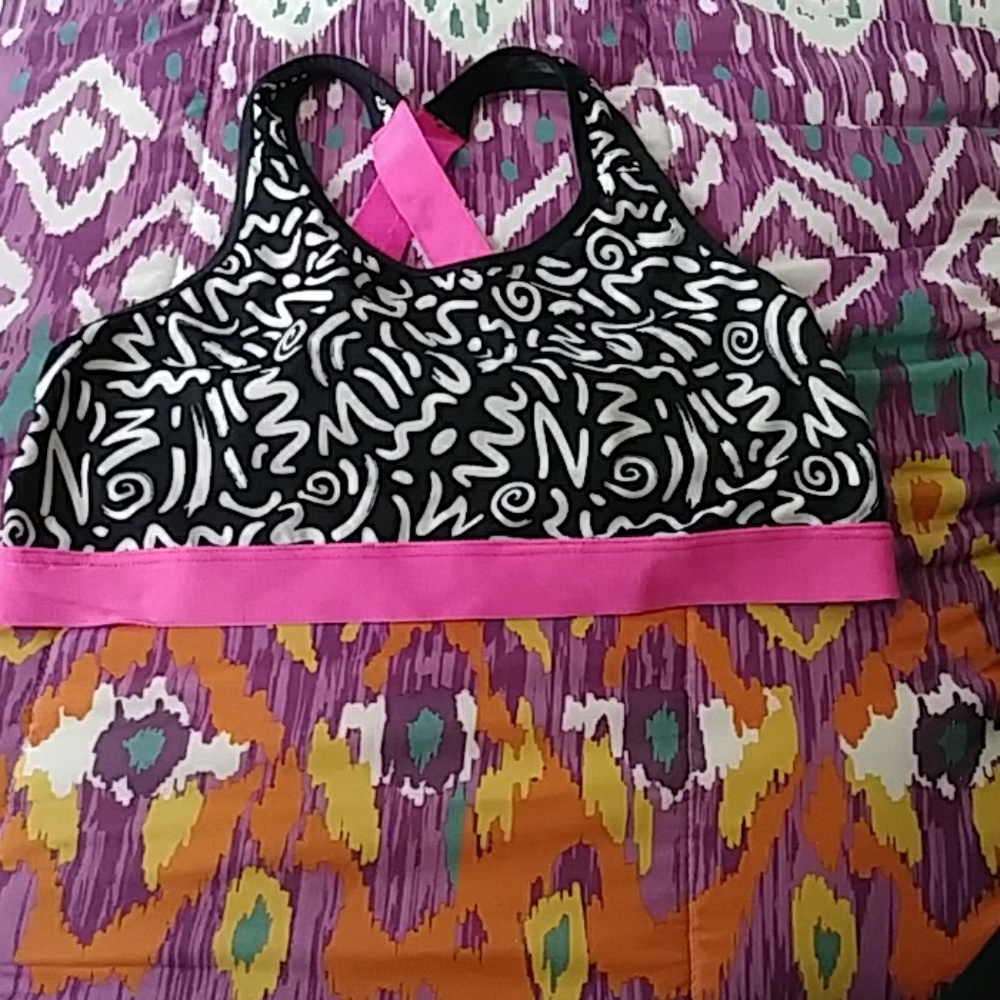 Black pink and white Criss-Cross sports bra